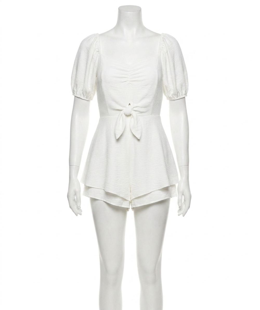 NEW SHE + SKY short puff sleeve layered romper with shirred front in off white